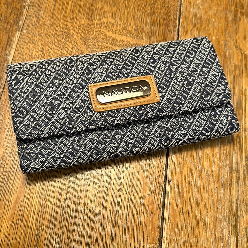 Nautica Navy Blue+Silver Monogram Canvas,Rfid,Zip,Tri-Fold Wallet,Clutch